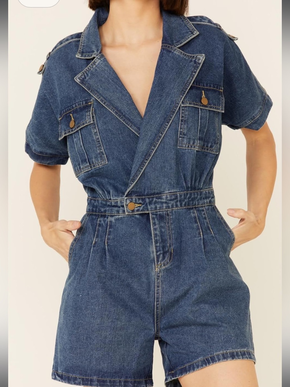Women’s Blue Denim Short-Sleeve Romper